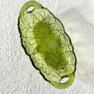 Vintage Indiana Glass Lily Pons Avocado Green Pressed Glass Oval Relish Dish